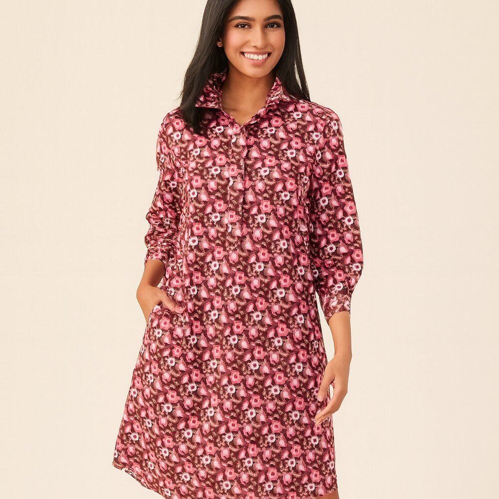 J. Mclaughlin Berlin Shirt Dress in Mountain‎ Floral Pink/Coffee 100% Cotton